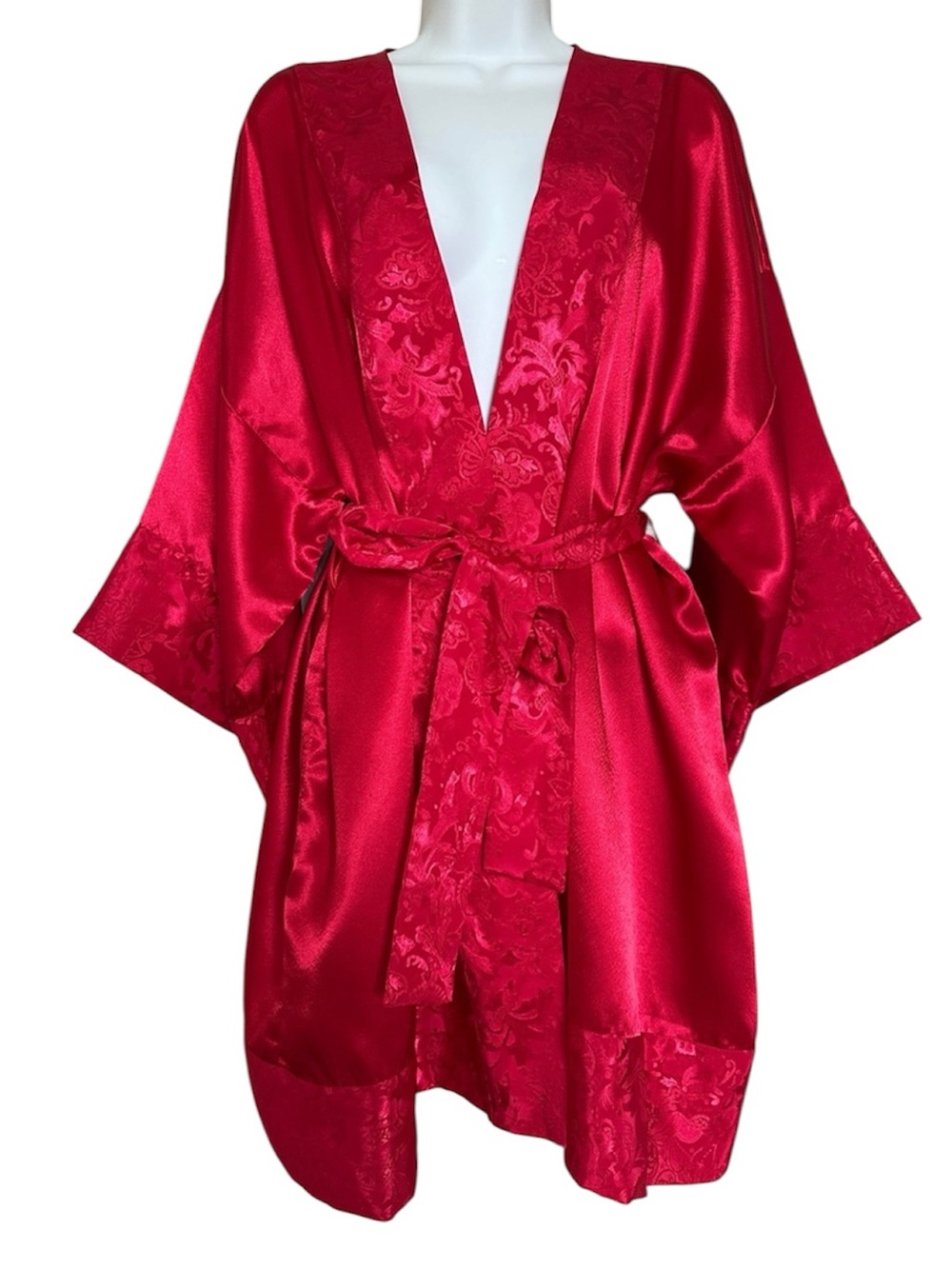 Victoria's Secret Red Satin Kimono Robe with Jacquard Trim